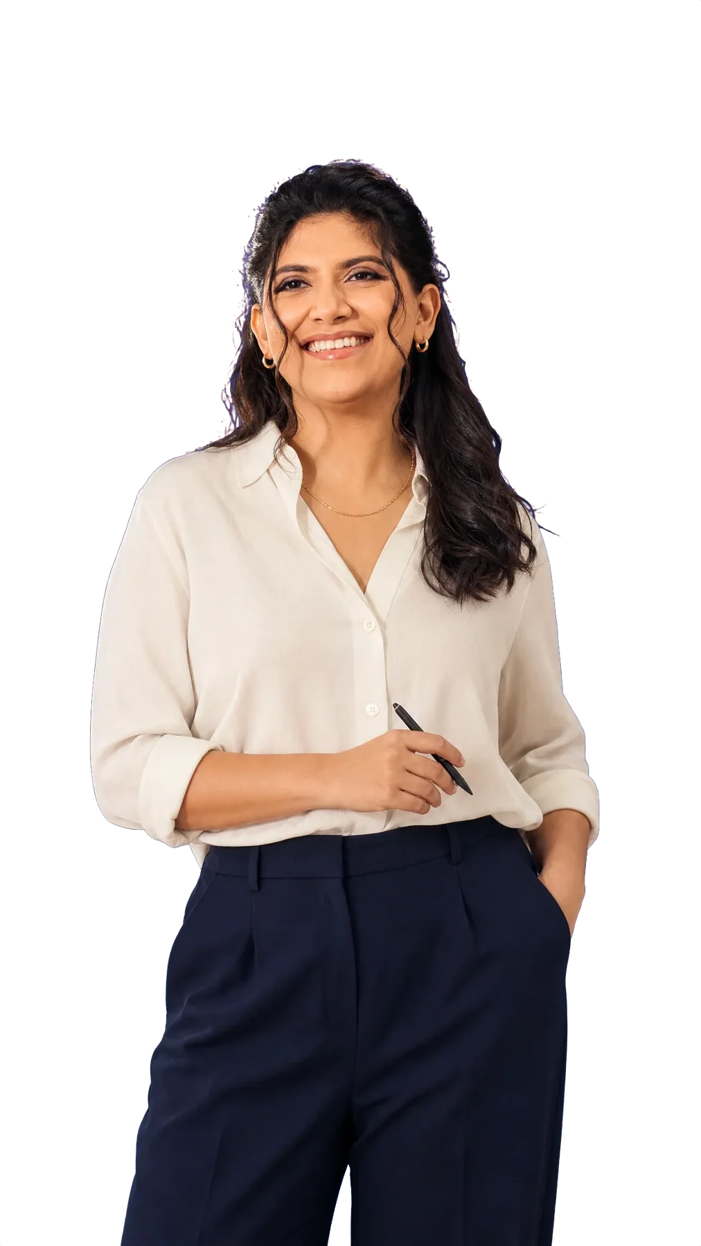 Amisha Sharma, standing, holding a pen